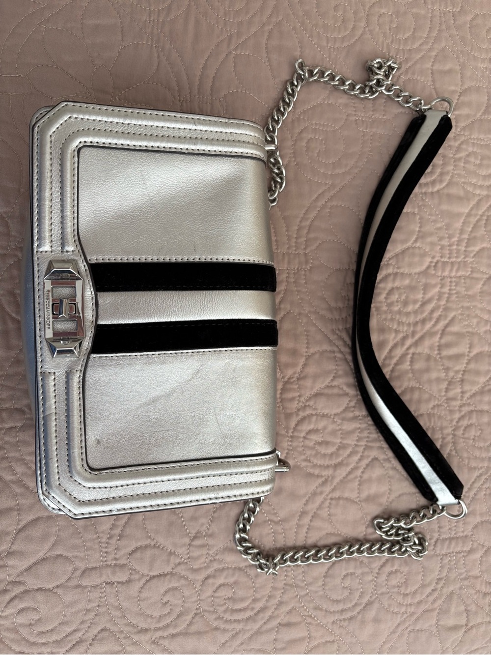 Rebecca Minkoff Silver Black Stripe Chain Crossbody Bag